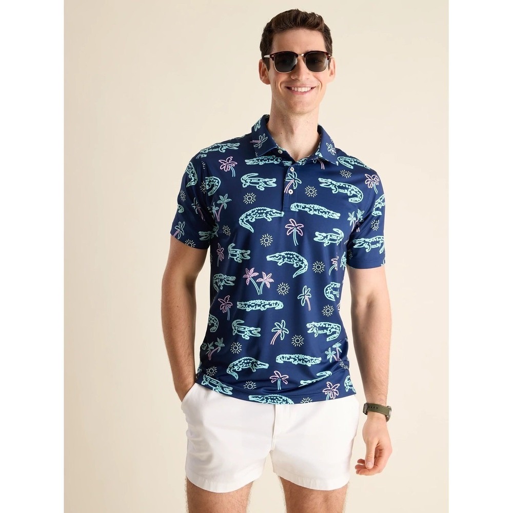 NWT Mens Chubbies The Neon Glade Performance Polo - Large - Blue/Neon